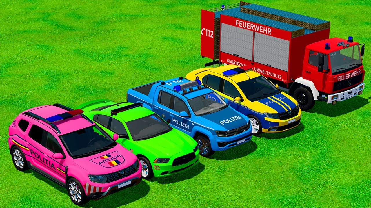 DACIA DODGE VOLKSWAGEN DUSTER POLICE CARS AND MERCEDES FIRE TRUCK TRANSPORTING WITH TRUCKS! FS22