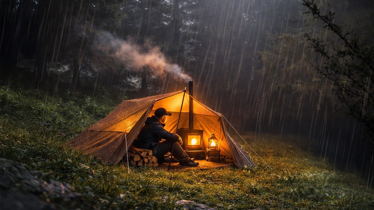 Hot Tent Camping in Heavy Rain | Solo Bushcraft - YouTube