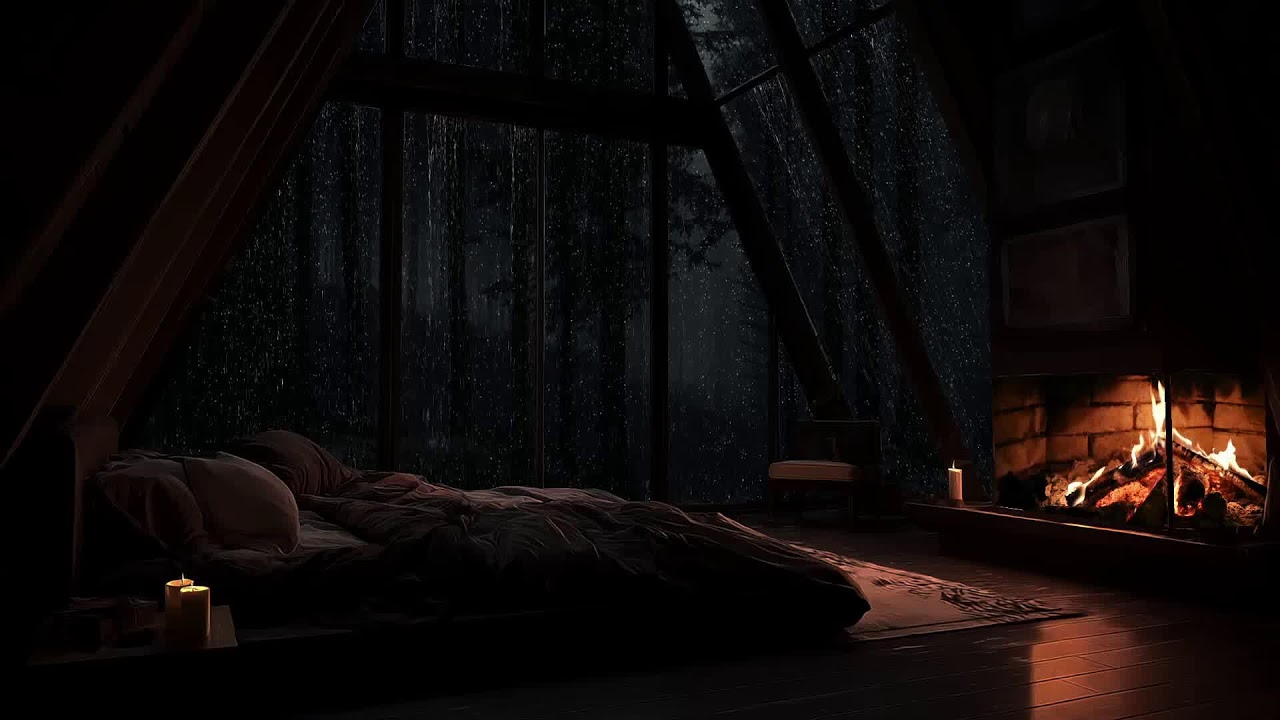 Inside a quiet forest cabin while gentle rain slowly covers the dark woods