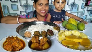 Eating chicken curry rice and fruits,  Eating show