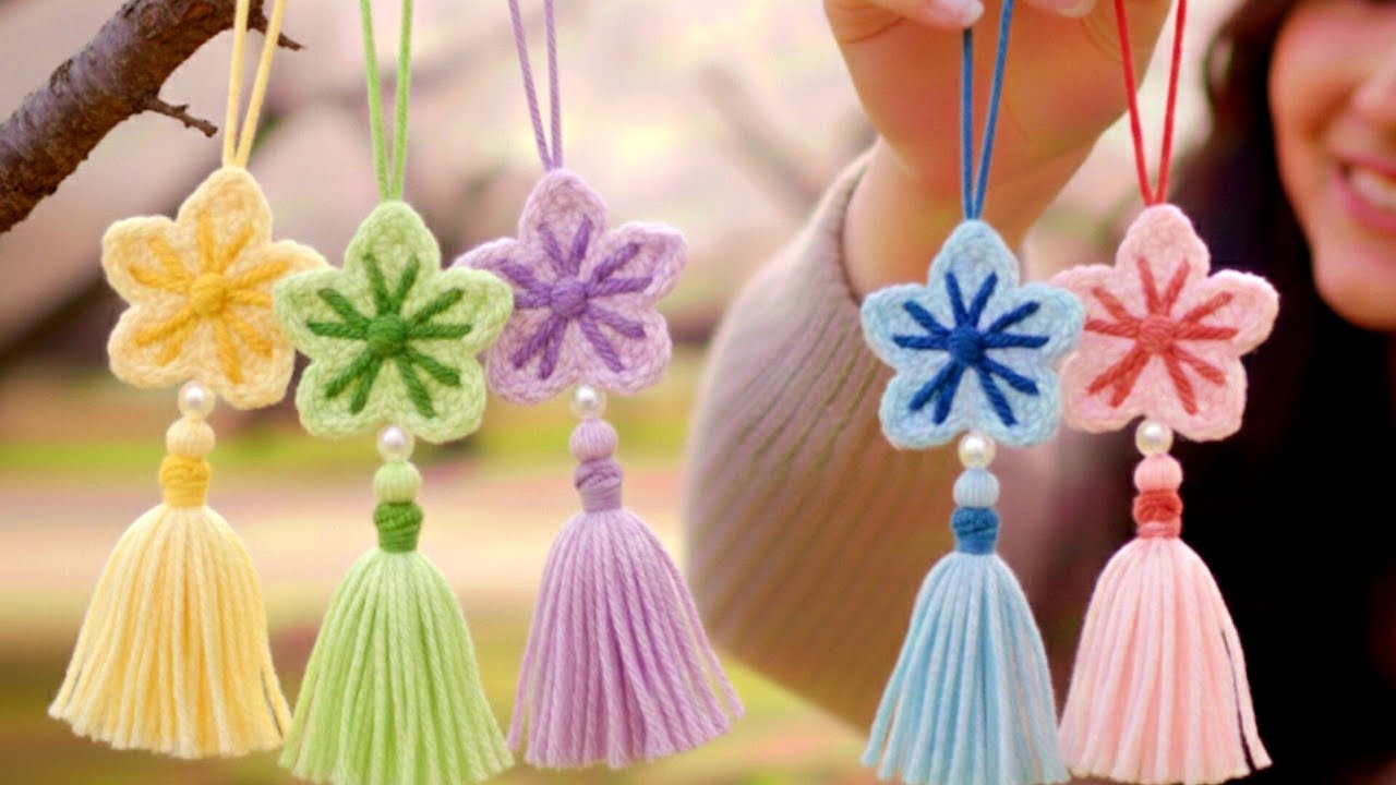 Crochet cherry blossom flower keychain | Flower keychain 
