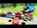 Double Flatbed Trailer Truck vs Speedbumps - Train vs Cars - BeamNG.Drive #6