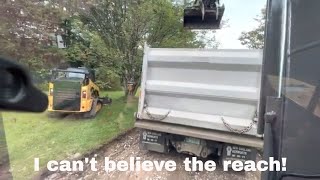Mini Excavator Loading Tandem Dump Trucks From The Ground!!