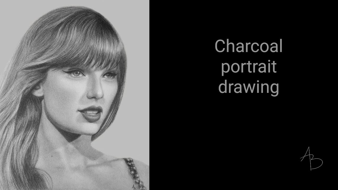 Taylor Swift charcoal portrait on grey toned paper