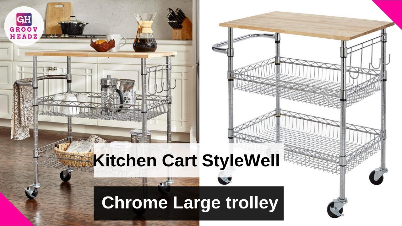 Kitchen Cart StyleWell Gatefield Chrome Large trolley with Rubber Wood