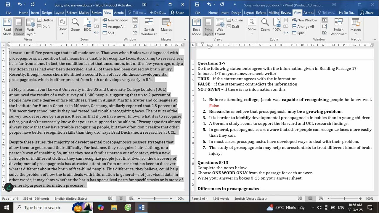IELTS reading actual test - Face blindness - T/F/NG + fill in the blank