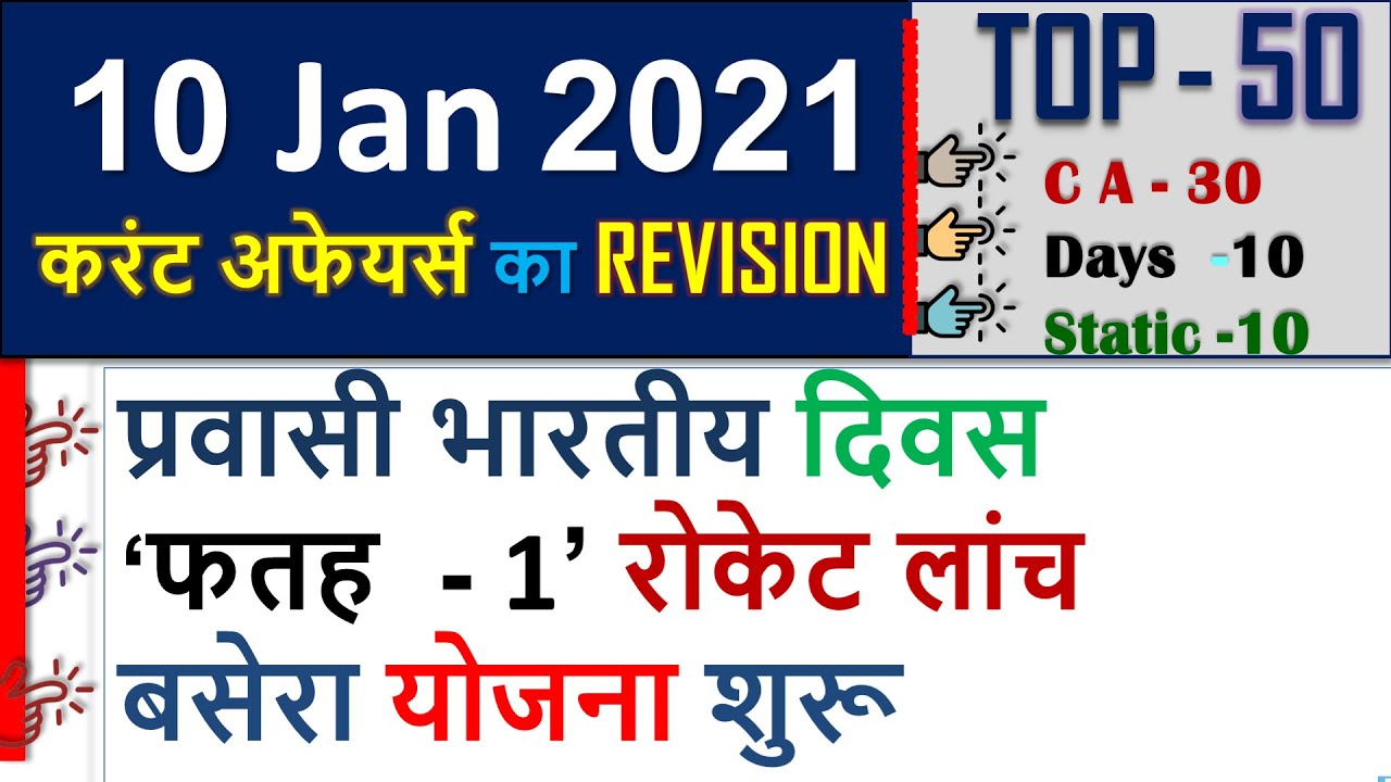 10 January Current affairs 2021 | Current gk -UPSC, Railway,SSC, SBI