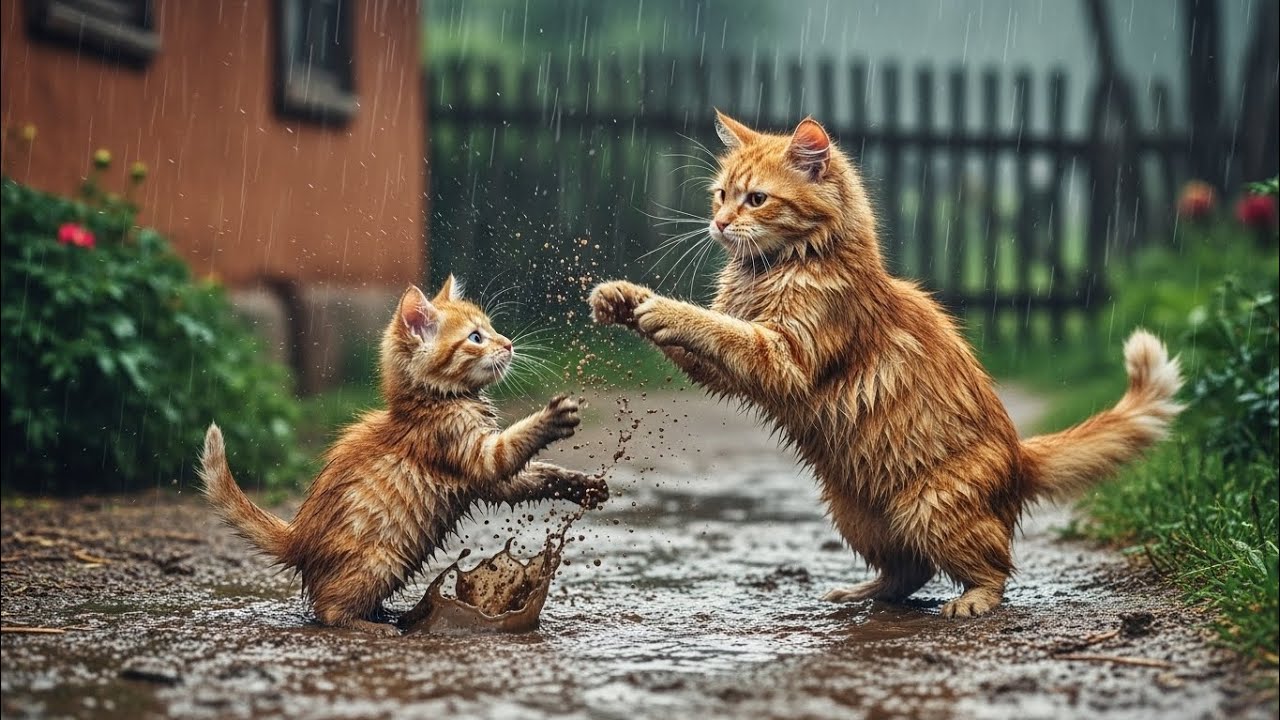 Cute Ginger Cat Making Tea and Fries on a Rainy Day | Cozy Village Kitchen Vibes ☕🍟🐾