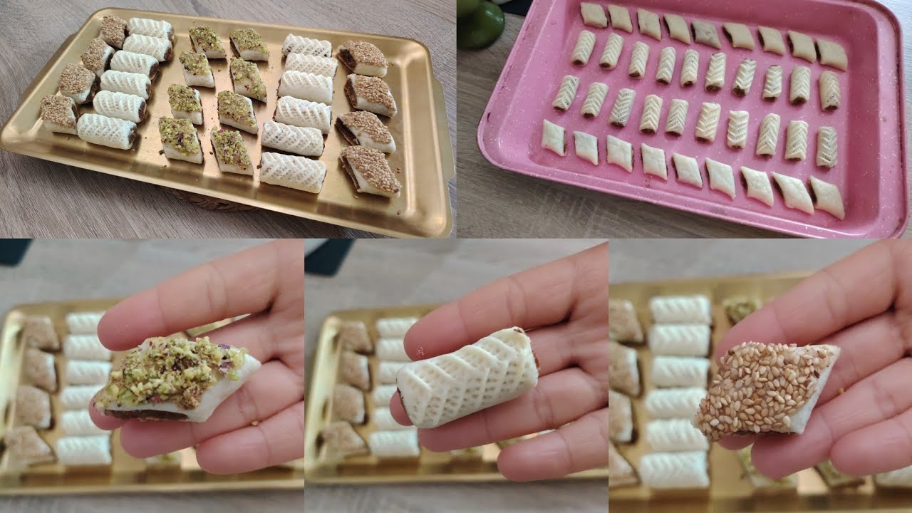 مقروض أبيض  مع لفة منقوشة محشية بالتمر بعجينة تذوب في الفم متعددة الاستعمالات 