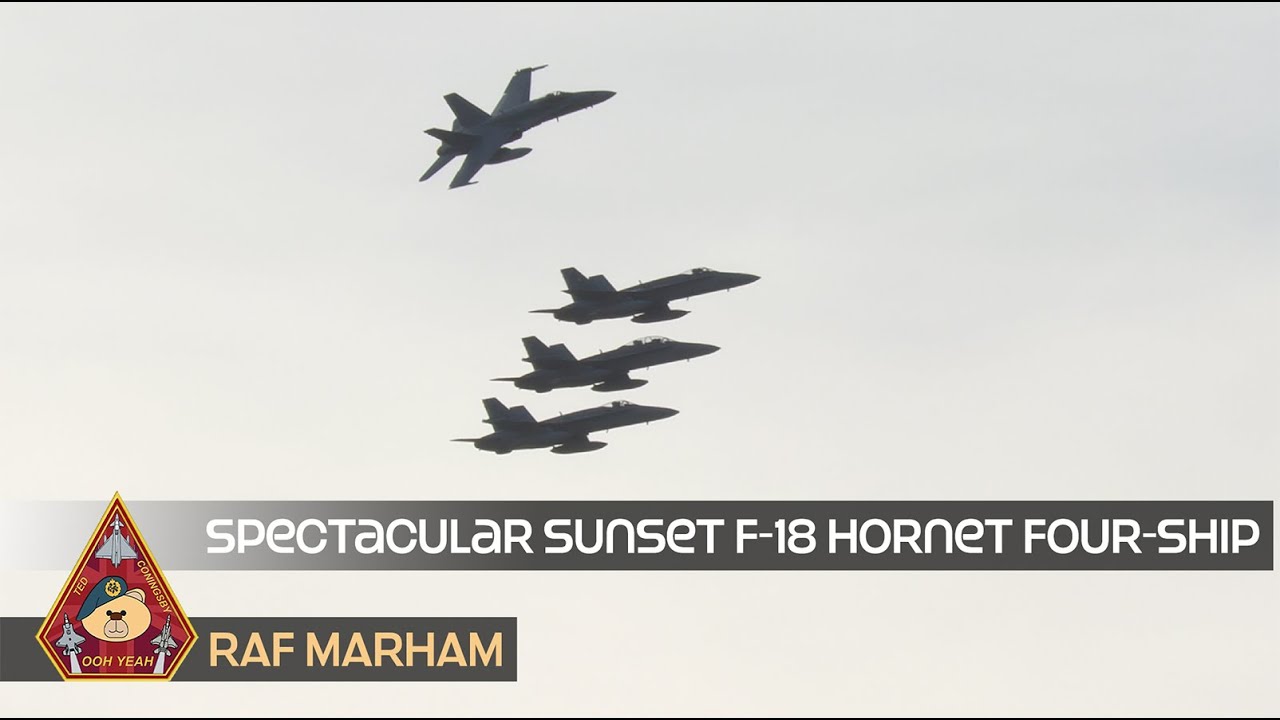 SPECTACULAR FOUR-SHIP LEGACY EF-18 HORNETS FORMATION & BREAK RAMSTEIN FLAG • RAF MARHAM