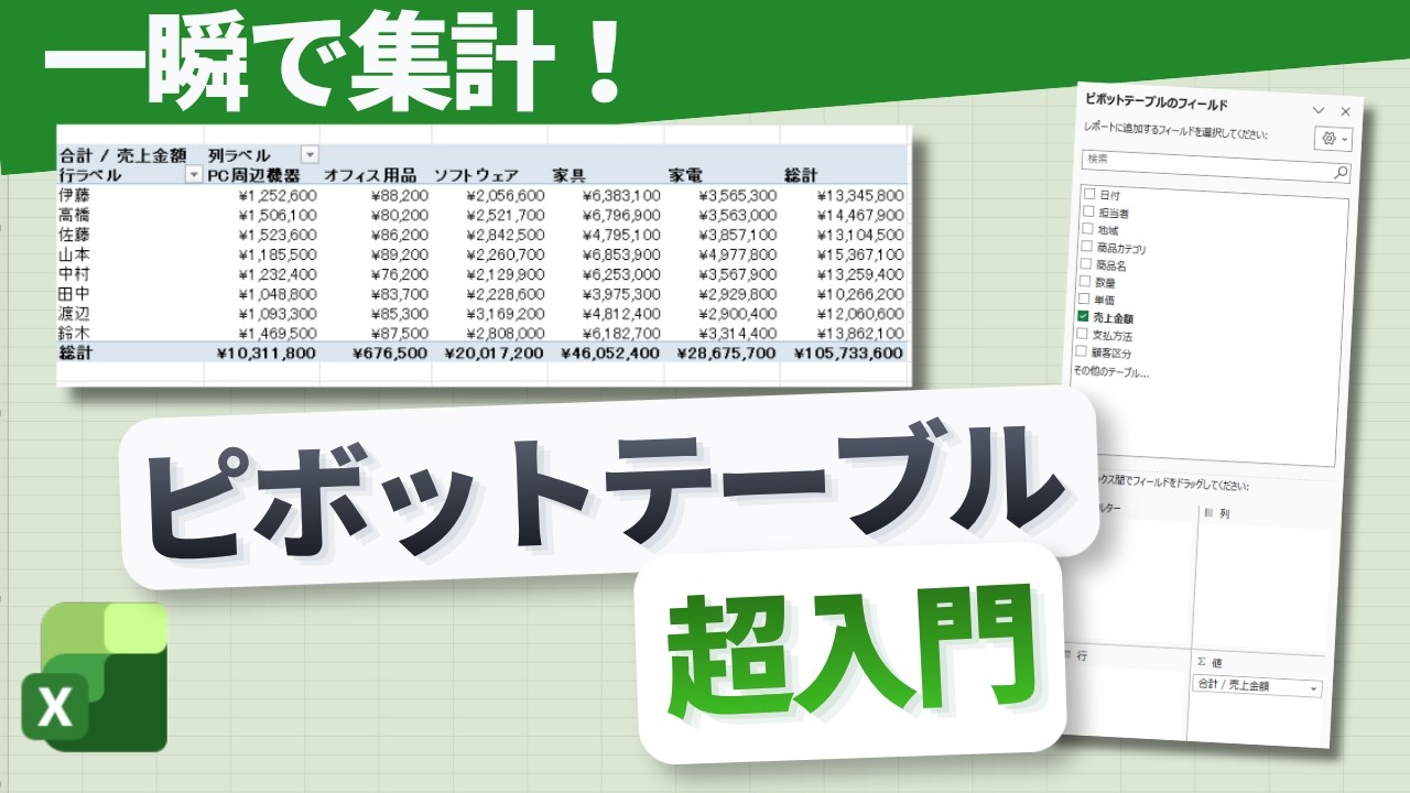 YouTube動画UP「【Excel】最短で覚える！Excelピボットテーブルの基本操作」