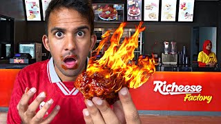 First Time Trying RICHEESE FACTORY in INDONESIA 🇮🇩 LEVEL 5 Fire Chicken = INSANE