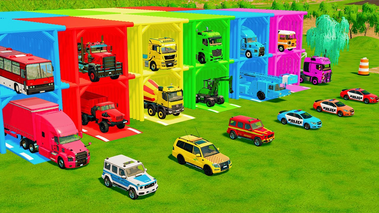 TRANSPORTING FIRE ENGINE, POLICE CARS, RESCUE TRUCK, EXCAVATOR TO GARAGE - FS22