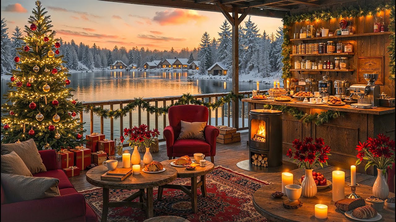 Christmas Jazz Café by the Lakeside Sunset ☕🎄 Smooth Jazz Music & Cozy Fireplace Ambience