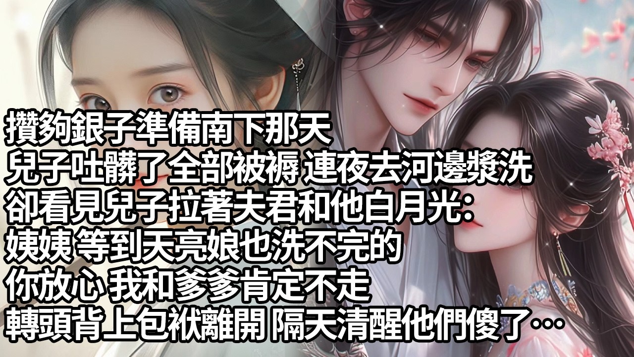 【一口氣看完】攢夠銀子準備南下那天，兒子吐髒了全部被褥 連夜去河邊漿洗，卻看見兒子拉著夫君和他白月光：姨姨 等到天亮娘也洗不完的，你放心 我和爹爹肯定不走，轉頭背上包袱離開 隔天清醒他們傻了…