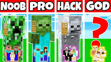 Minecraft: FAMILY MONSTER HEAD HOUSE BUILD CHALLENGE - NOOB vs PRO vs HACKER vs GOD in Minecraft