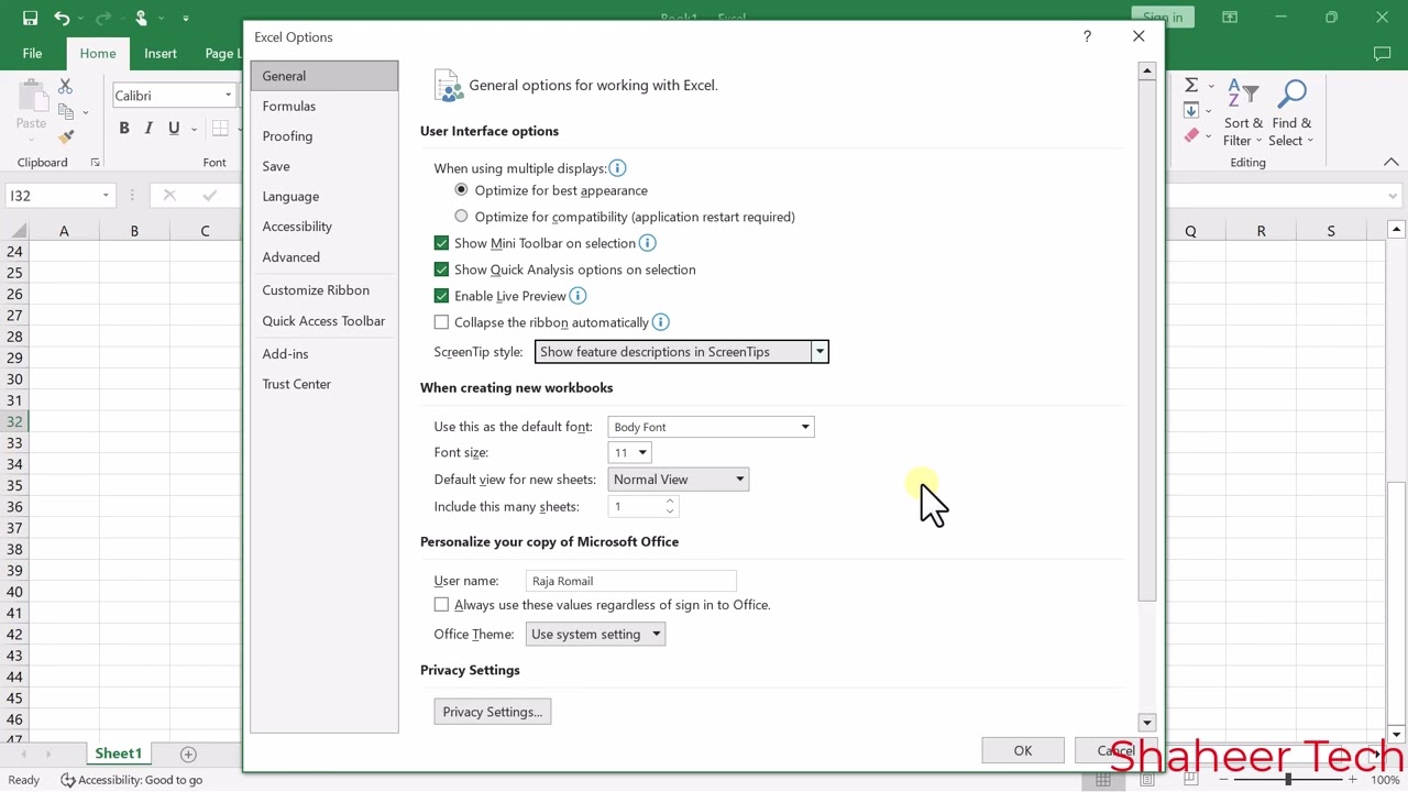 Excel option dialog boxin MS Excel