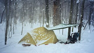 Extreme winter snow storm Camping in Alaska (-28C) Backcountry Hot Tent Camping