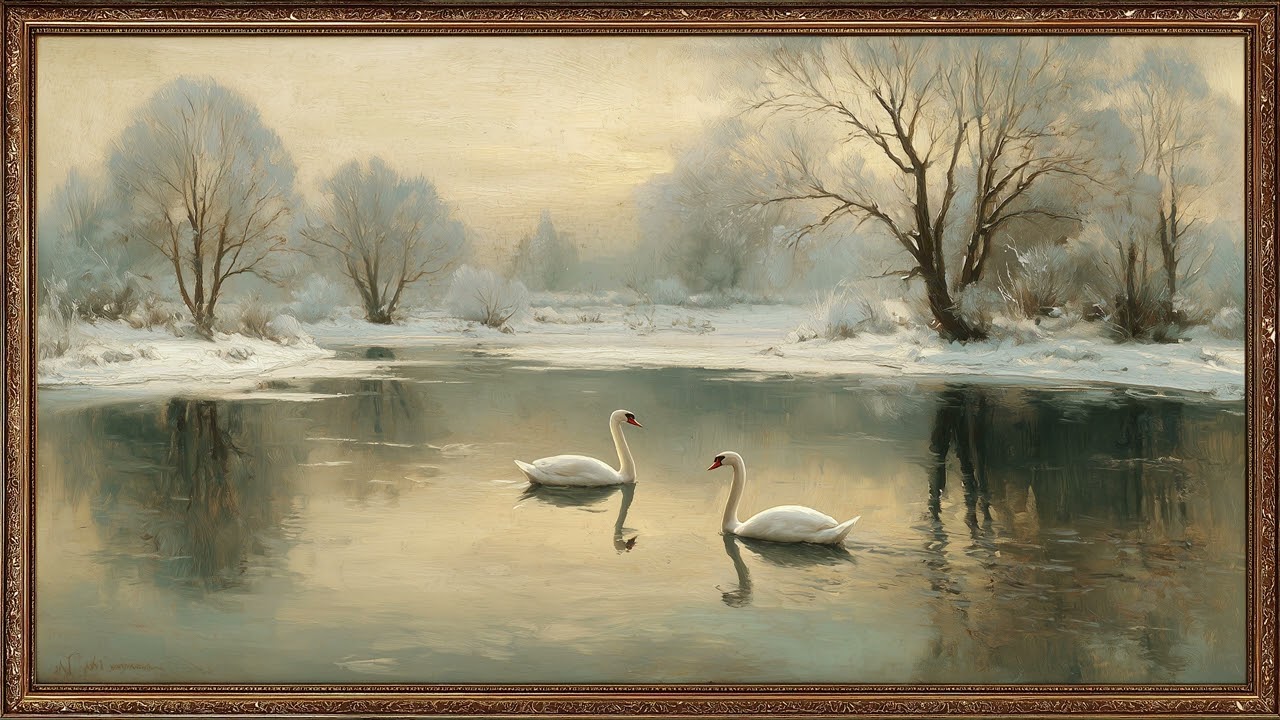 Two Swans on a Quiet Winter Lake | Framed Art TV Wallpaper 4K
