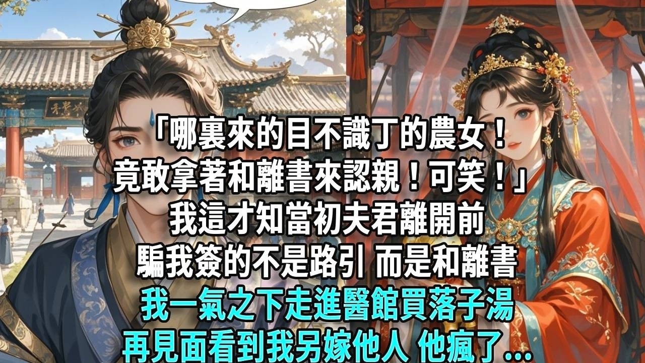 「哪裏來的目不識丁的農女！竟敢拿著和離書來認親！可笑！」我這才知當初夫君離開前，騙我簽的不是路引，而是和離書。我一氣之下走進醫館買落子湯，再見面看到我另嫁他人，他瘋了