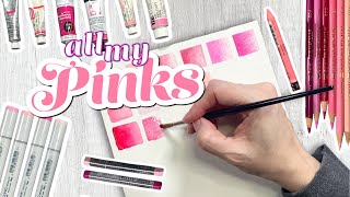 Swatching all my Pink art supplies
