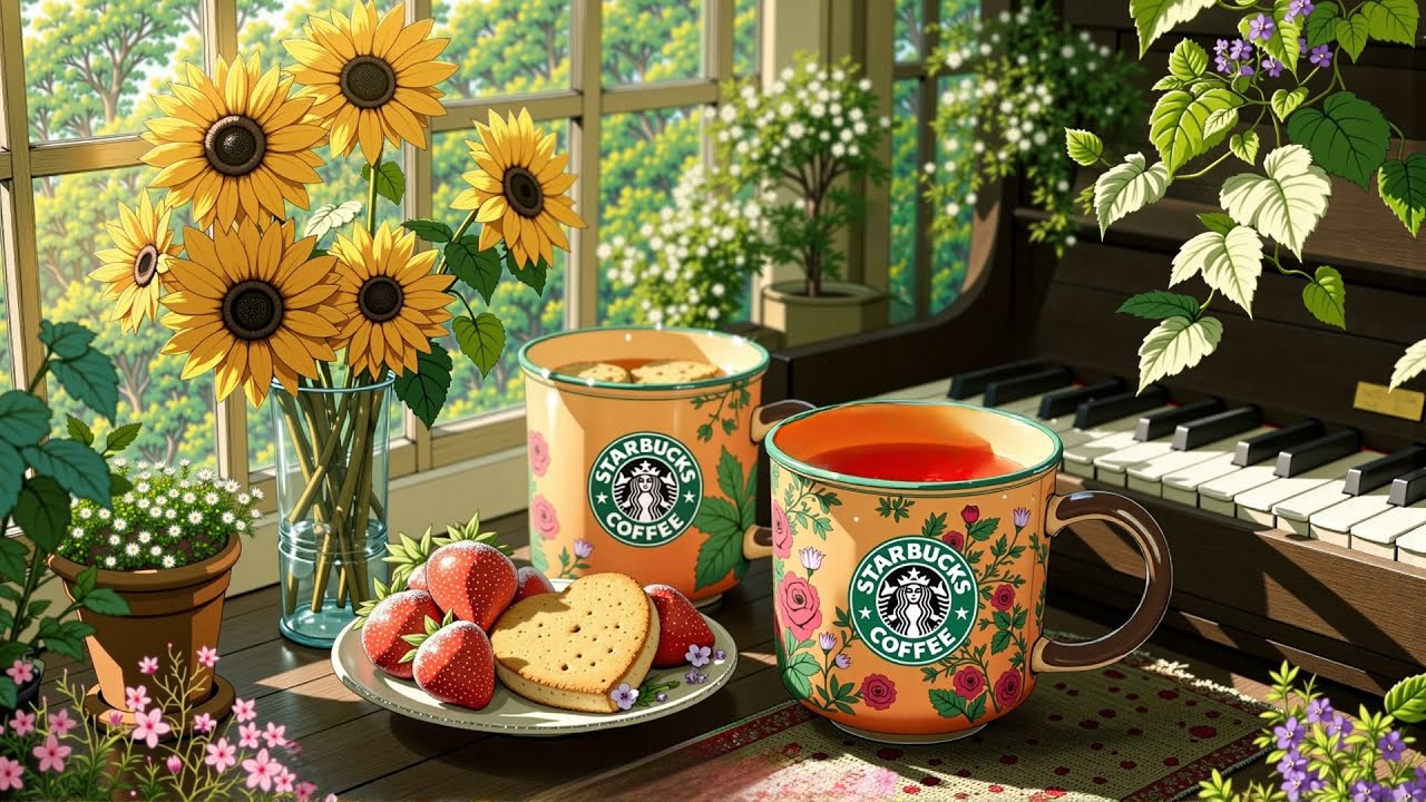 Peaceful morning 🌤️Starbucks lofi & Flowers 🌸Lofi Cafe for Deep Focus to study / relax