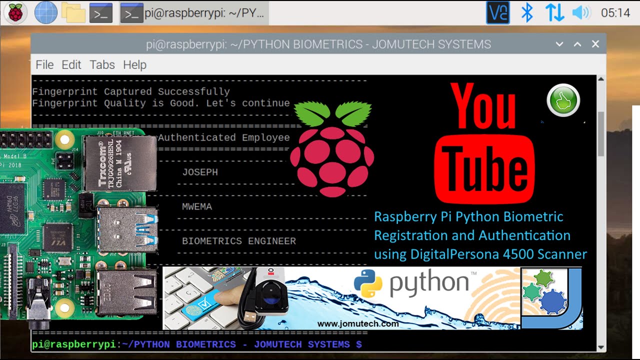 Raspberry Pi Python Biometric Registration and Authentication Using DigitalPersona 4500 Fingerprint