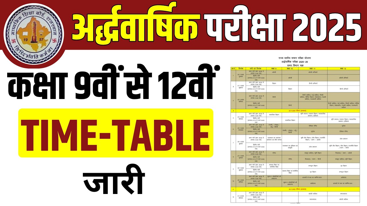 Half Yearly Exam 2025 Time Table | Rajasthan Board Exam | अर्द्धवार्षिक ...