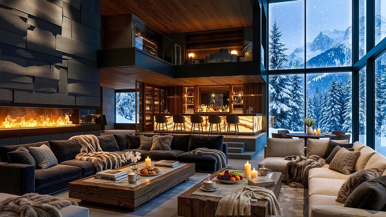 Snowy Day with Winter Jazz in Luxury Living Room ❄️ Warm Fire & Smooth Jazz Background Music to Work