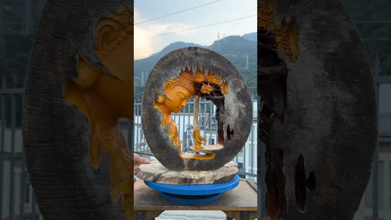 Buddha's Smile: Handcrafted Wood Art 🪓😌💫 #wood statue #buddha #woodworking #artwork #wood sculpture