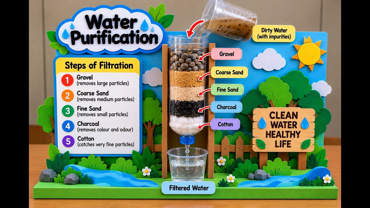 Water Science Model Water Purification Working Model 💧 | 3D Science Project for School ...
