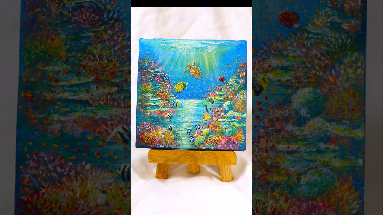 油彩画】色鮮やかなサンゴ、ゆったりと泳ぐ魚たち。そんな穏やかな海の