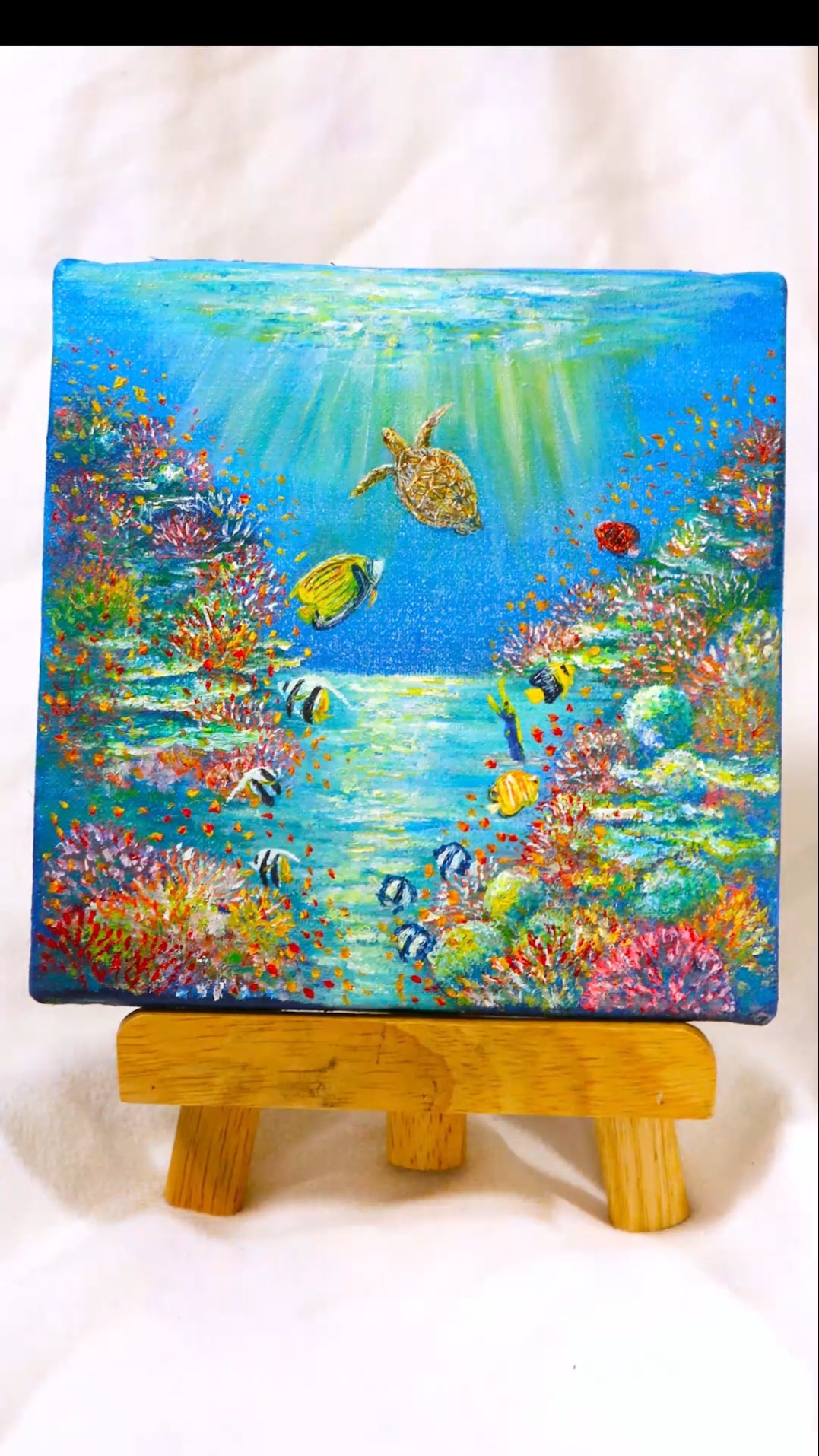 カラフルな魚の油彩画タナゴ 油彩画】色鮮やかなサンゴ、ゆったりと泳ぐ魚たち。そんな穏やかな海の