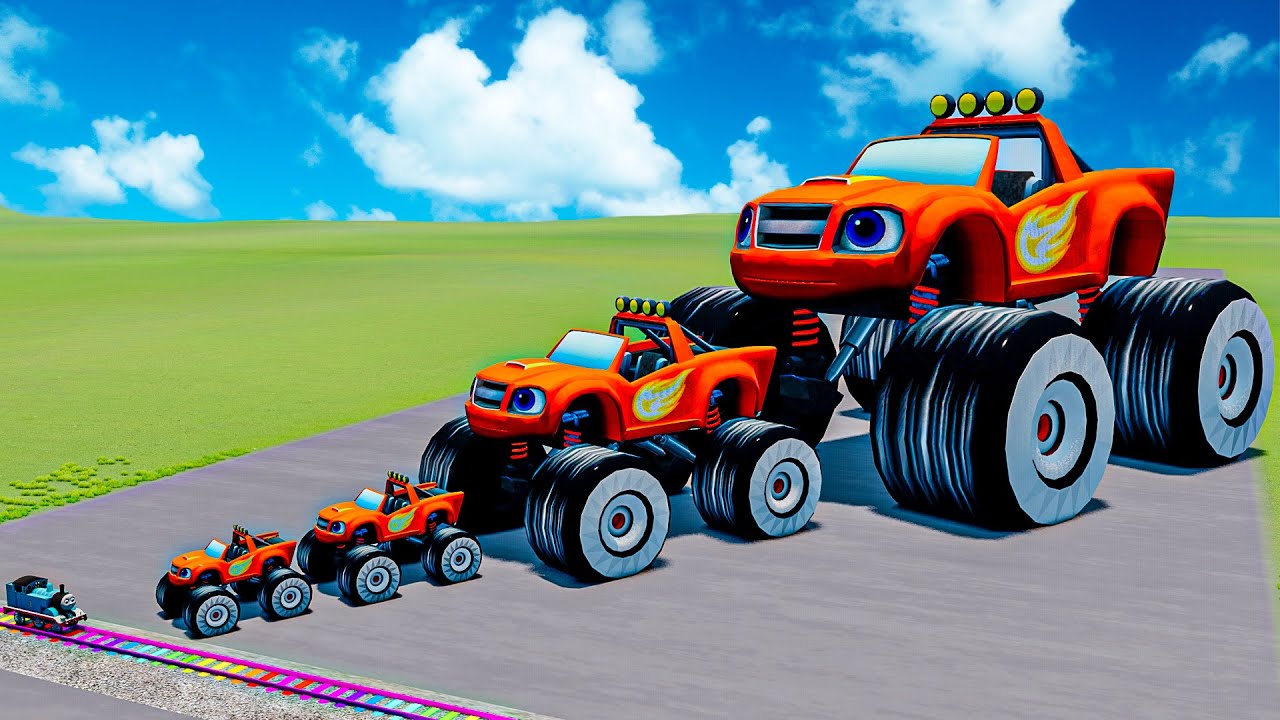 Big & Small Blaze and Monster Machines vs Trains vs Deadly Traps – BeamNG.drive!