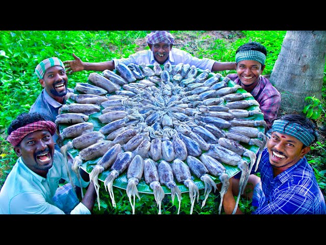 SQUID FISH FRY | Delicious Seafood Recipe Cooking and Eating in Village | Tawa Fried Calamari Recipe class=