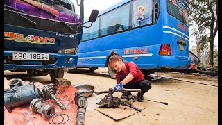 Girl Repairs And Replaces Power Steering Seal On Truck With Power Steering Fluid Leak