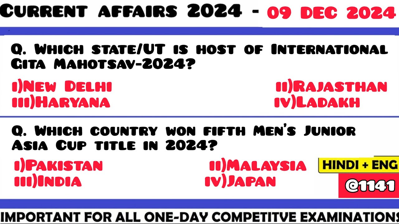 9 December 2024 Current Affair Questions | Daily Current Affairs ...