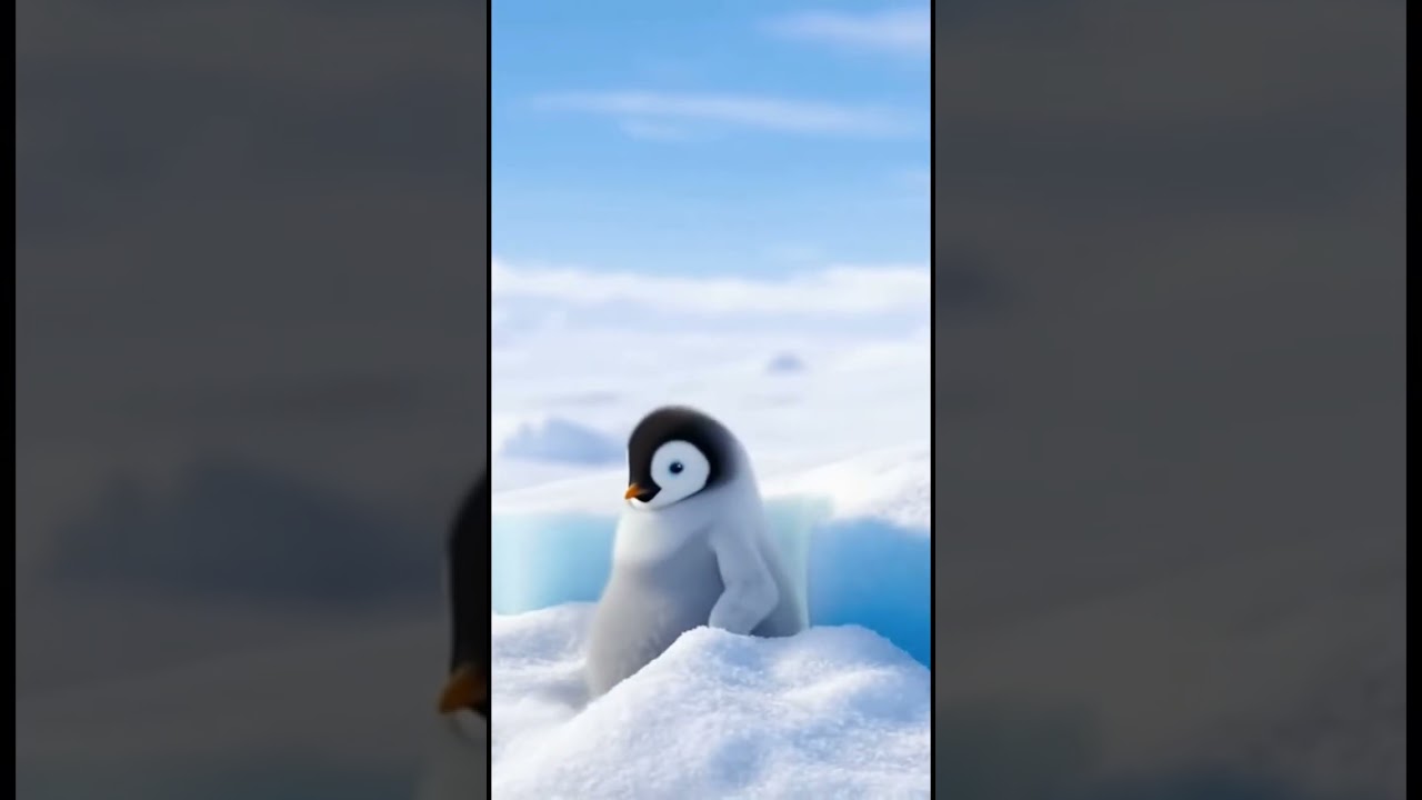 A baby penguin bravely tries to dive, slips in the snow—adorably clumsy.