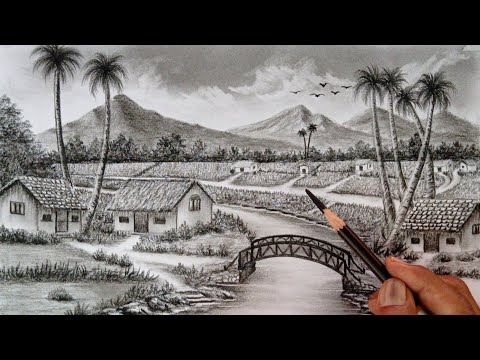 Village landscape drawing by pencil the easy ways// Nature drawing with pencil//
