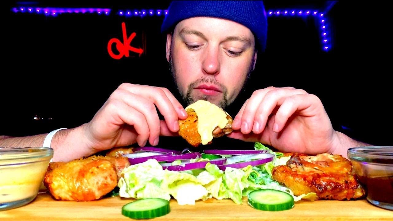 ASMR CRISPY SAUCY CHICKEN THIGHS CAESAR SALAD - FIGHT STORYTIME