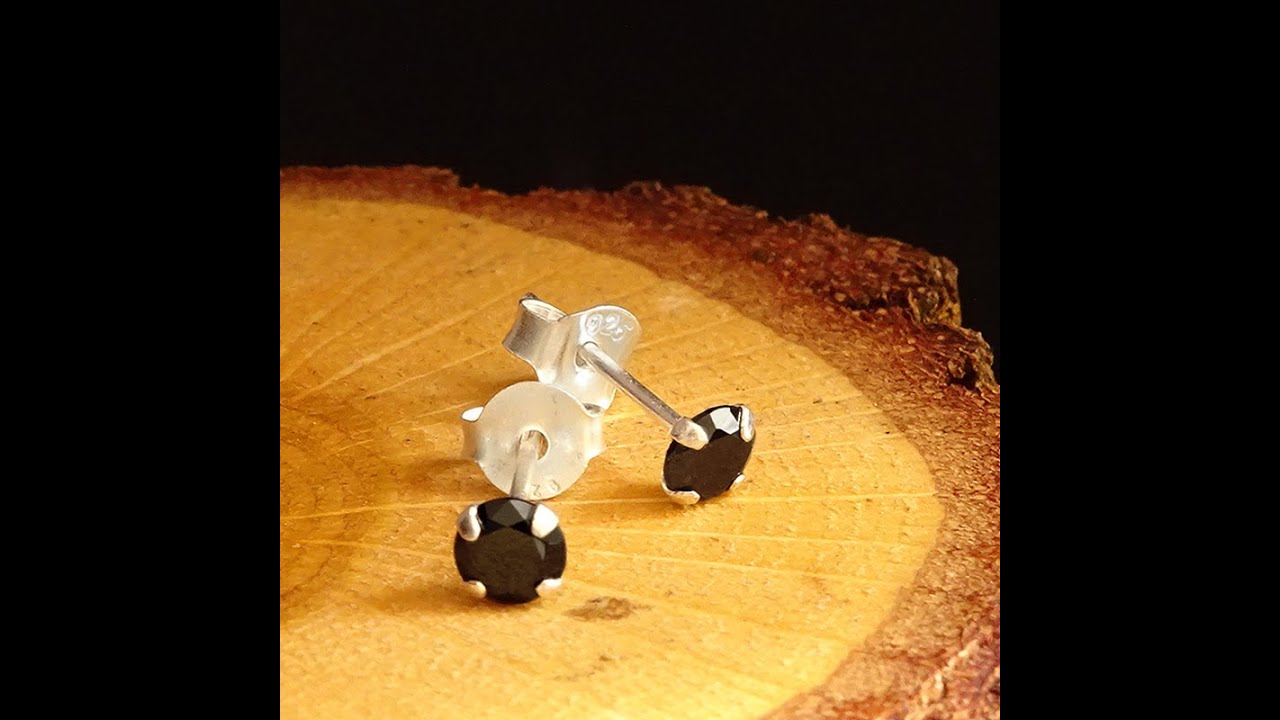 Solid 925 Sterling Silver Men Stud Earrings with Black Round Onyx Stone