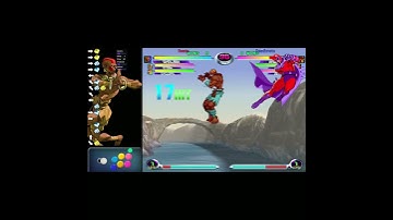 MvC2 Dhalsim 90% wall carry with storm assist extension to T.I.A. (throw into assist) reset combo