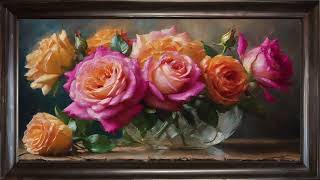 Vintage background oil painting art slideshow about roses. Framed art screensaver.