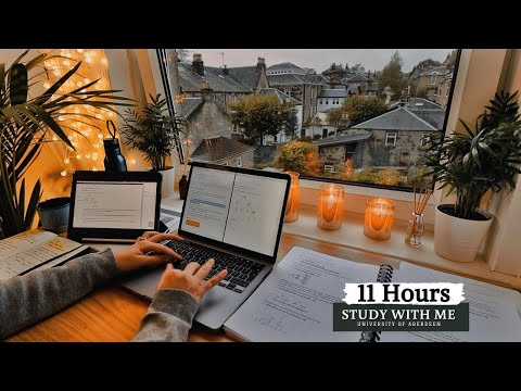 11 HOUR STUDY WITH ME on A RAINY DAY | Background noise, 10-min Break, No music, Study with Merve