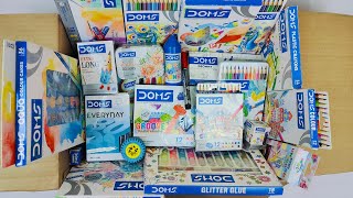 Unboxing Satisfying DOMS Stationery📚Glitter Glue, Pencil Colour, Sharpener, Colour Cake, Pen, Eraser