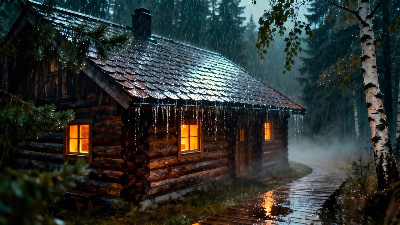Peaceful Rainy Night Piano - forest cabin Music for Stress Relief, Anxiety Ease, and Meditation