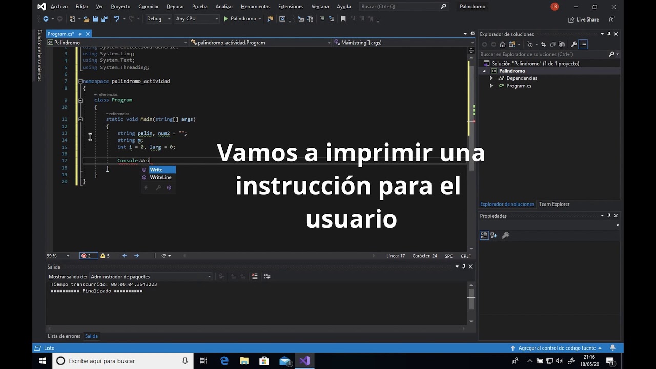 Programación en Visual Studio lenguaje C#|numero palindromo - YouTube