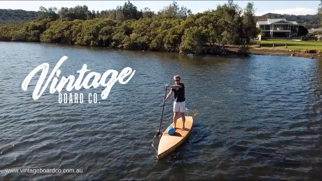 Drone video of Cutwater 12.5 vintage plywood stand up paddle board