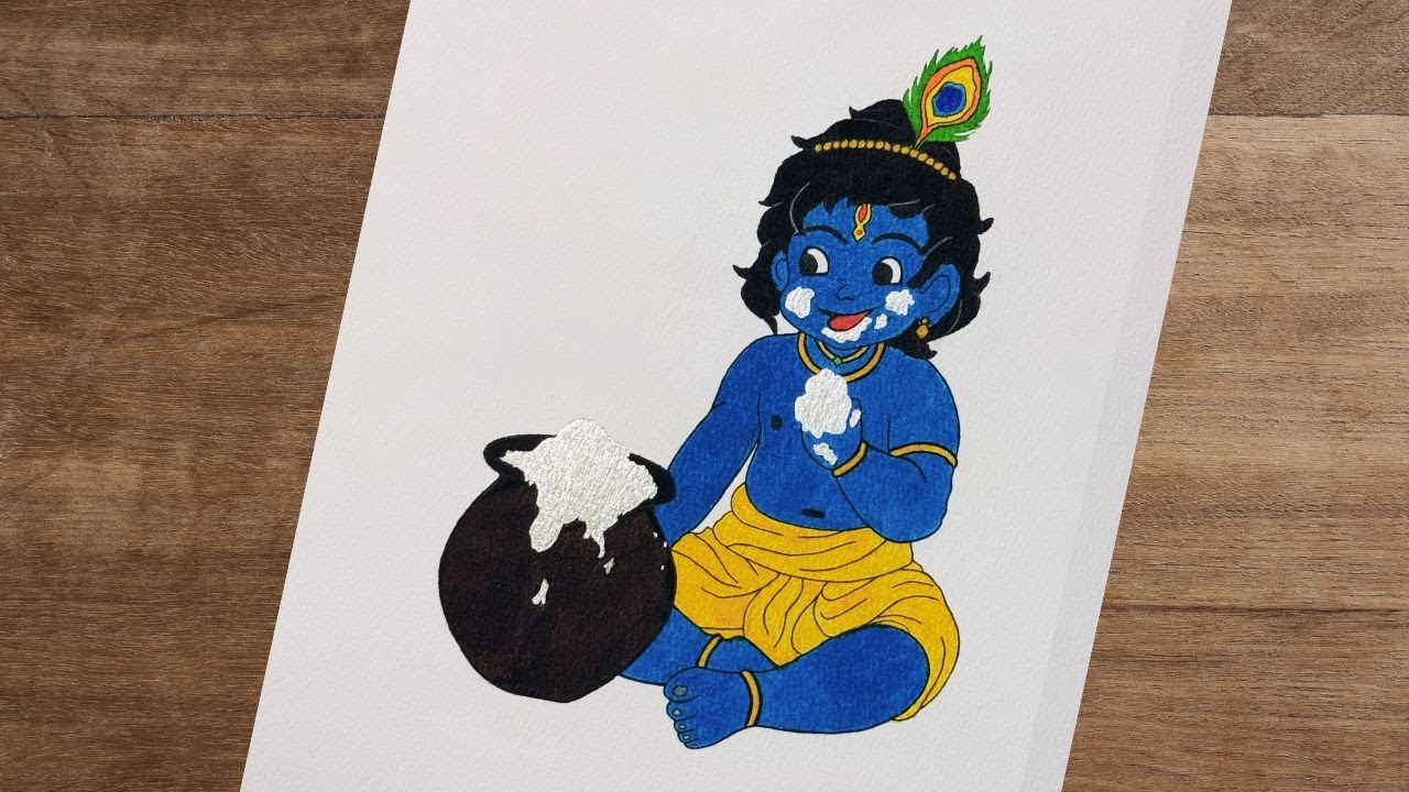 How to Draw Krishna with Butter Pot | Easy Krishna Drawing