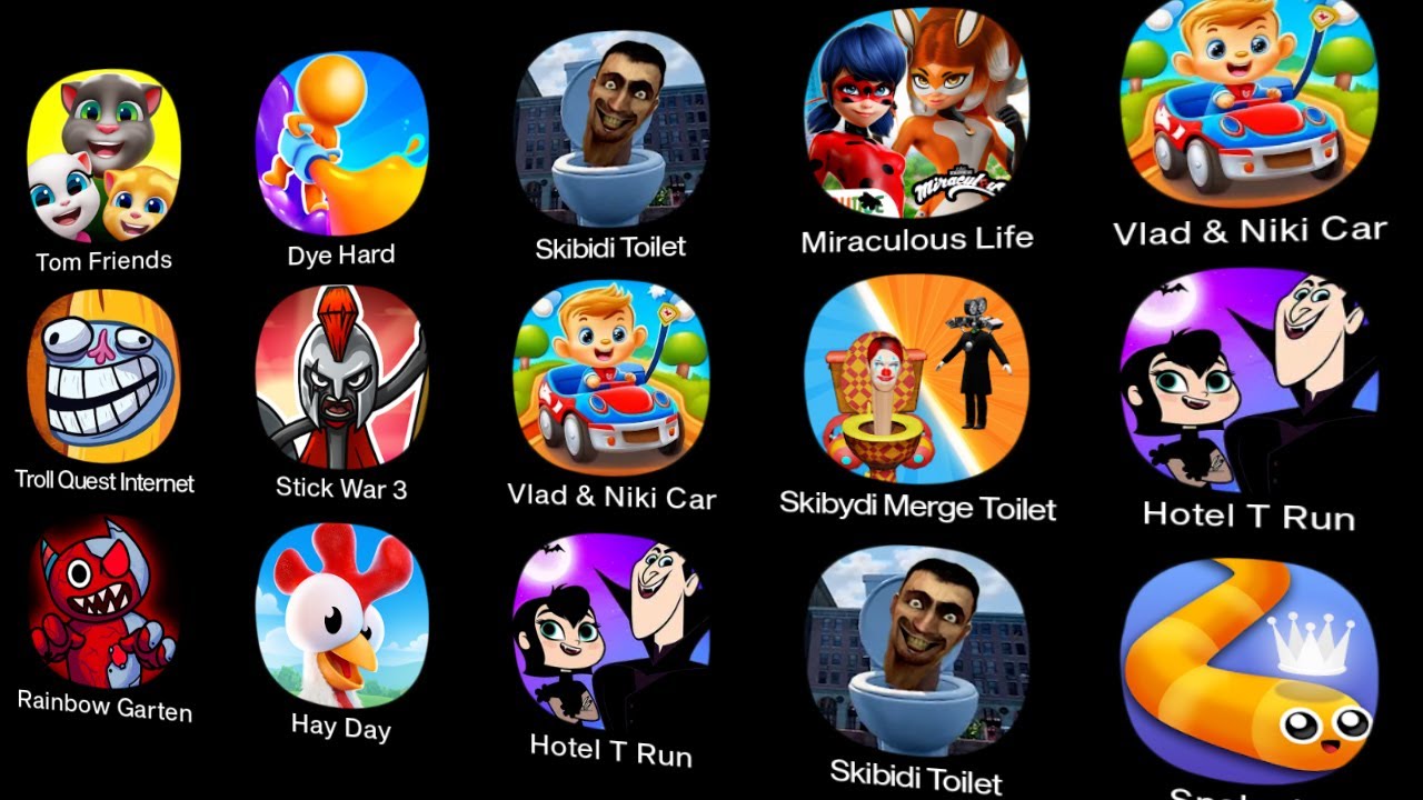 Miraculous Life,Hotel T Run,Rainbow Garten,Tom Friends,Skibidi Toilet,Snake io,Troll Quest Internet